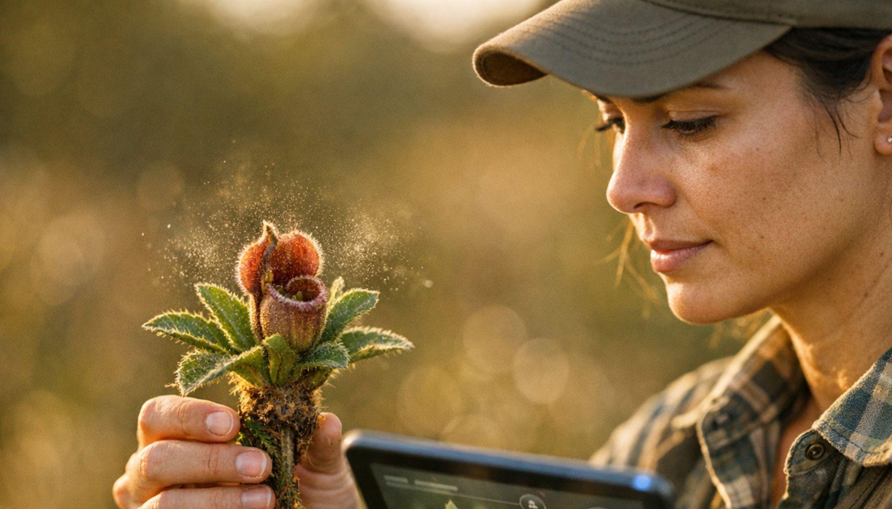 Tecnologia e botânica: um computador exibindo dados genéticos ao lado de uma planta em um laboratório, representando a união da IA na conservação de espécies
