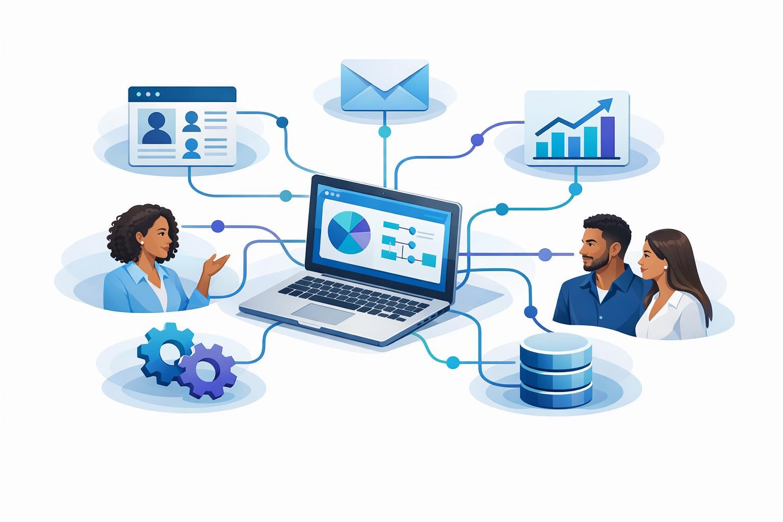 Ilustração de automação de processos B2B com fluxos conectando diferentes ferramentas e sistemas empresariais